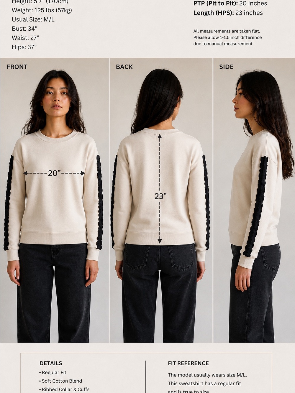 Crewneck Sweatshirt with Black Braided Sleeve Stripe - Unbranded
